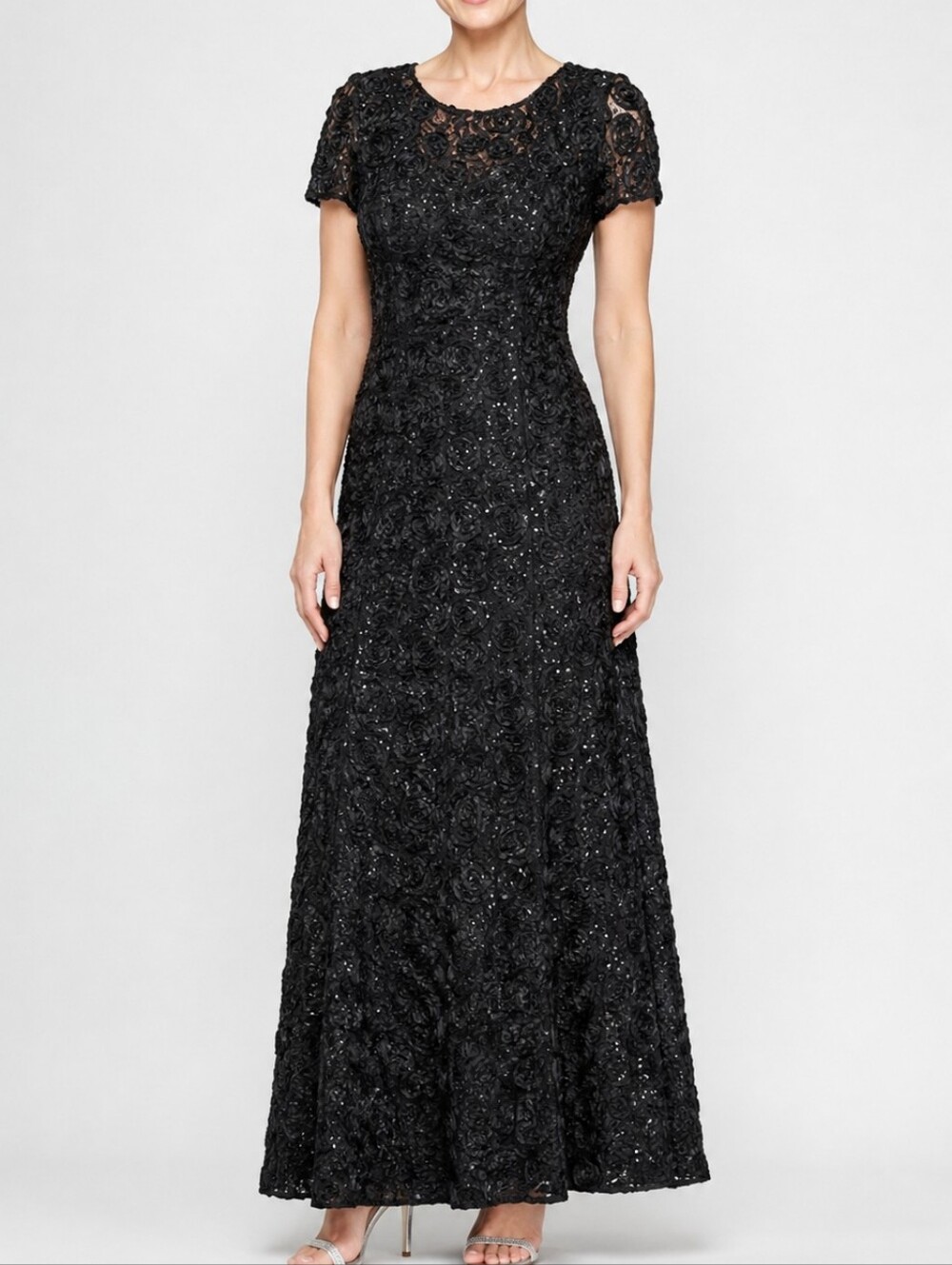 Alex Evenings Sequin Rosette Lace Formal Gown Black Size 14